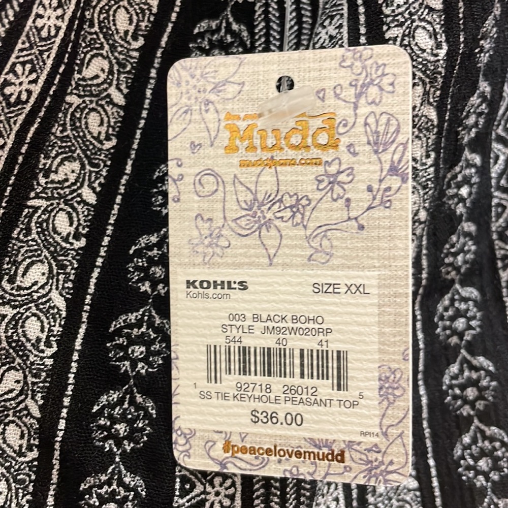 Mudd Black And White Boho SS Tie Keyhole Peasant Blouse Top Size XXL - Picture 4 of 4